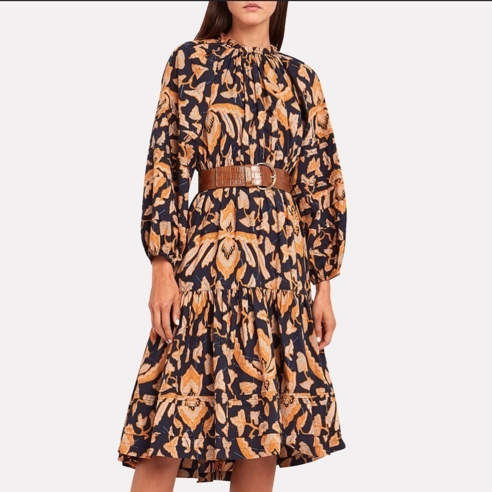 Ulla Johnson- Indah Navy Blue and Orange Print Bubble Sleeve Midi Dress